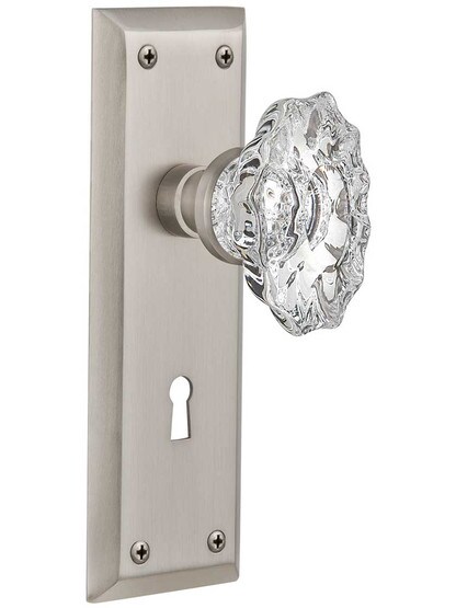 New York Style Mortise-Lock Set with Chateau Crystal Glass Knobs in Satin Nickel.